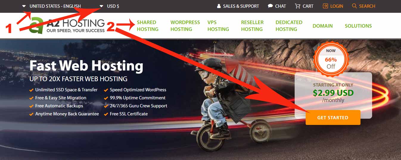 A2 Hosting पर जाएँ और "Get Started" पर क्लिक करें