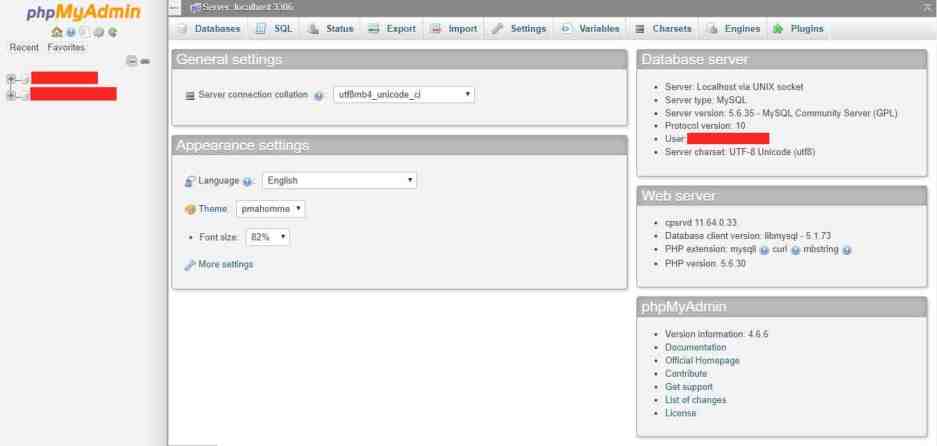 phpMyAdmin का डैशबोर्ड कुछ इस प्रकार दीखता है